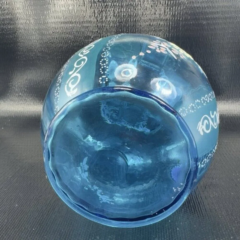 Antique Victorian Glass Pitcher‎ Blue Enameled Crimped Rim Manganese 365nm Glow
